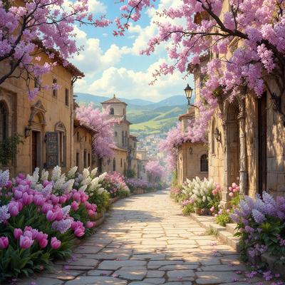 The primary subject of the image is a narrow alleyway lined with pink flowers, creating a beautiful and serene atmosphere. The setting is a quaint, old-world village with stone buildings and a cobblestone road. The visual style is a combination of photo and digital art, giving the scene a realistic yet artistic appearance. The dominant colors are pink and white, with the pink flowers adding a touch of warmth and vibrancy to the scene. Overall, the image evokes a sense